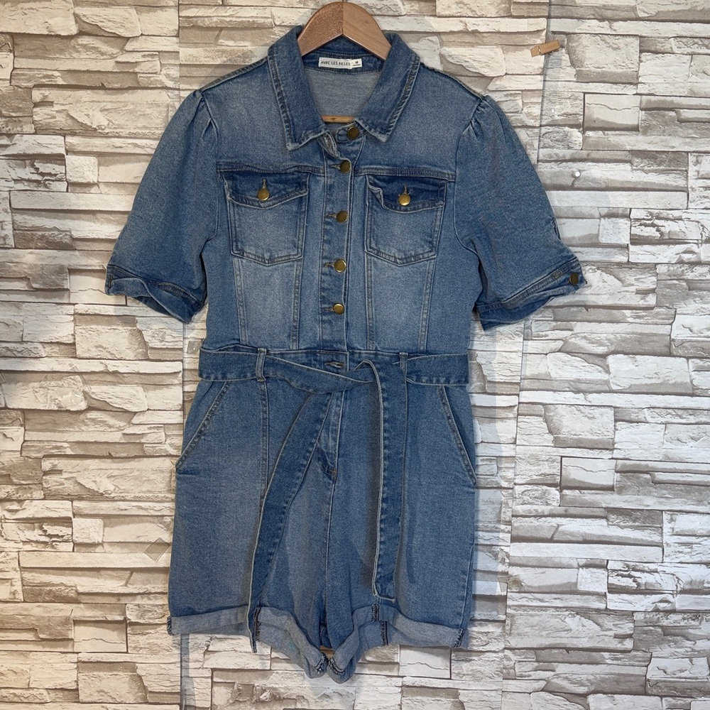 Avec Les Filles Blue Medium Denim Short Sleeve Romper - Picture 3 of 10